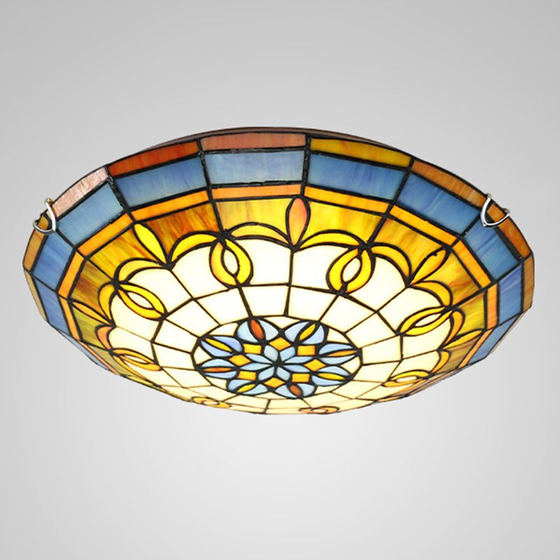 Bowl Flush Ceiling Lights 1 Light Stained Art Glass Mediterranean Flush-Mount Light Fixture