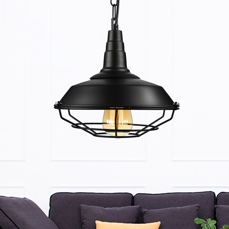 Retro Stylish Wire Guard Pendant Light with Barn Shade 10"/14"/18" Wide 1 Light Metal Hanging Fixture in Black/Bronze/Rust for Kitchen