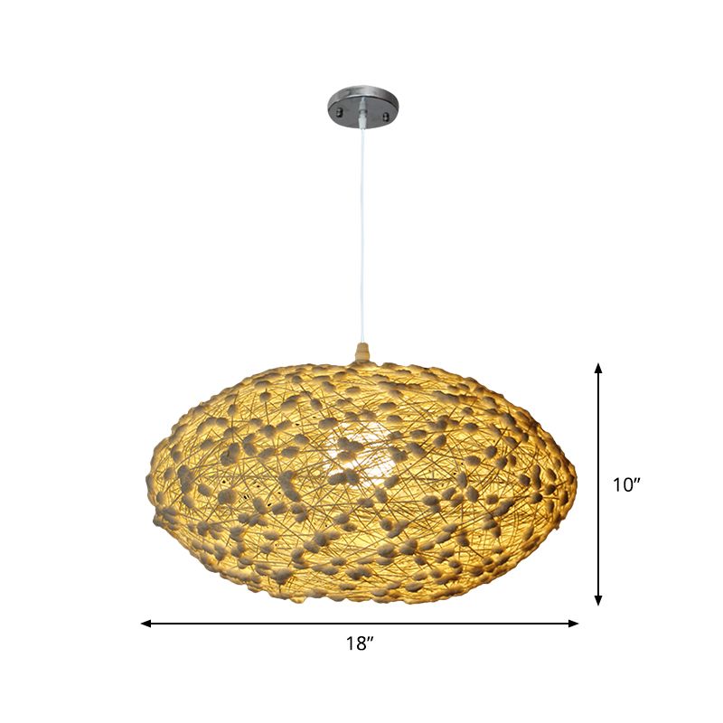 Asian 1-Bulb Hanging Lighting Beige Oval Nest Ceiling Pendant Lamp with Rattan Shade for Bedroom