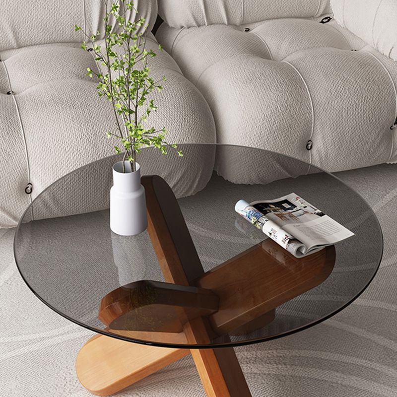 Modern Round Glass Top Coffee Table with Abstract Wooden Leg