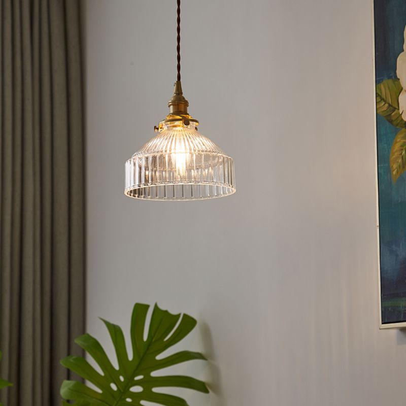 Sala da pranzo geometrica sospesa a sospensione in vetro a costola trasparente 1 luce in ottone appeso