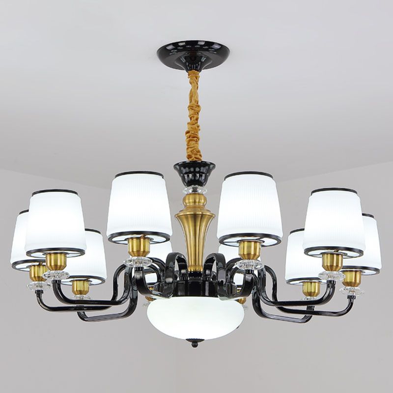 White Glass Barrel Drop Lamp Contemporary Black Chandelier Light Fixture for Dining Room
