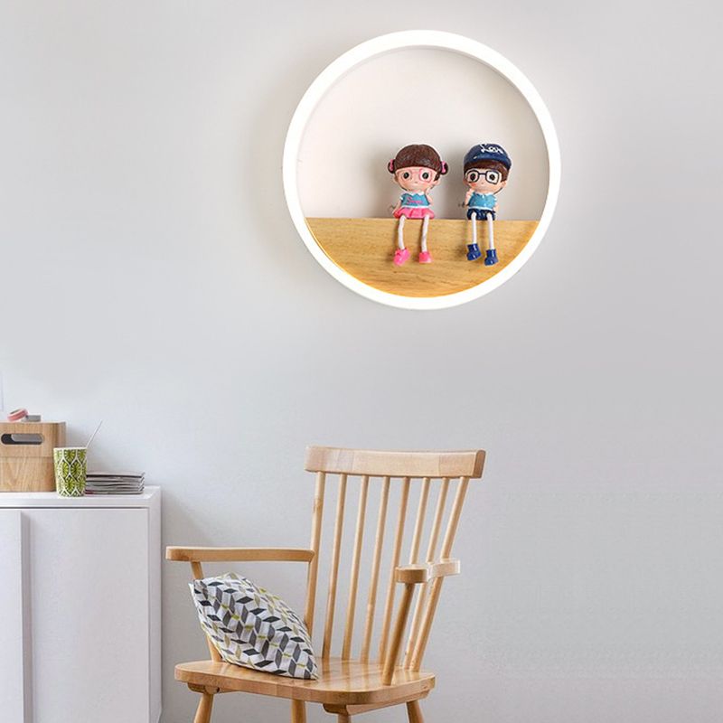 Circular Acrylic LED Wall Sconce Lighting Nordic Wooden Shelf Wall Lamp for Bedroom