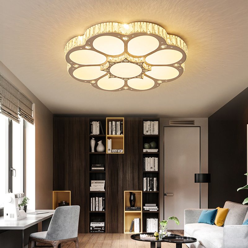 Flower Ceiling Mounted Light Minimalist Crystal Bedroom LED Flush Light in White