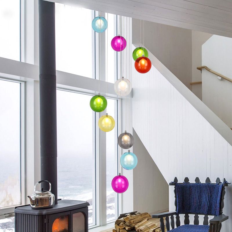 10 Lights Globe Cluster Pendant Modern White/Pink Glass LED Hanging Ceiling Light for Stair