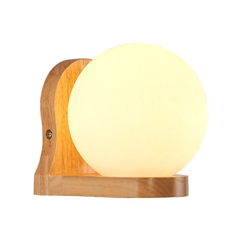 Nordic Wood Wall Light Globe 5.5" Wide Wall Sconce with White Glass for Bedroom