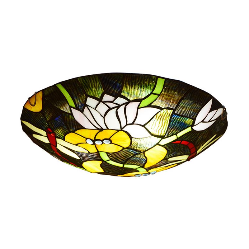 Black Bowl Shaped Ceiling Lamp Tiffany Stained Glass Flush Mount Light with Lotus and Dragonfly Pattern