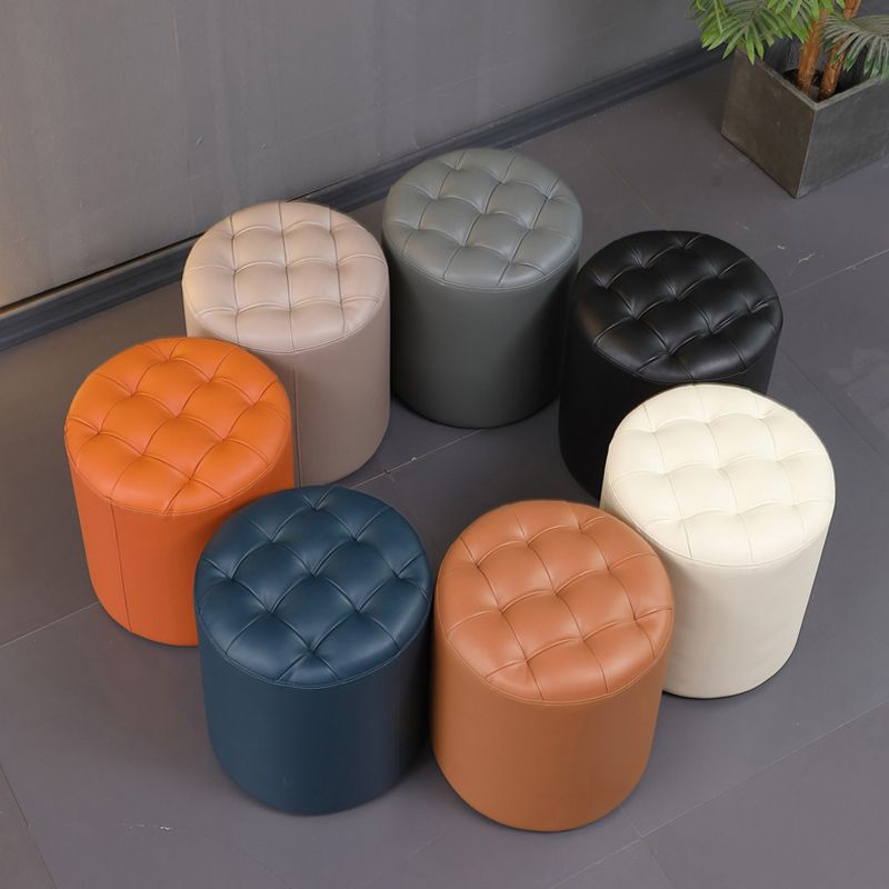 Contemporary Pouf Ottoman Genuine Leather Upholstered Tufted Solid Color Ottoman