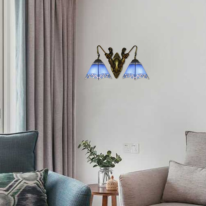 Pyramid Blue Glass Sconce Lighting Mediterranean 2 Head Antique Bronze Wall Mount Light