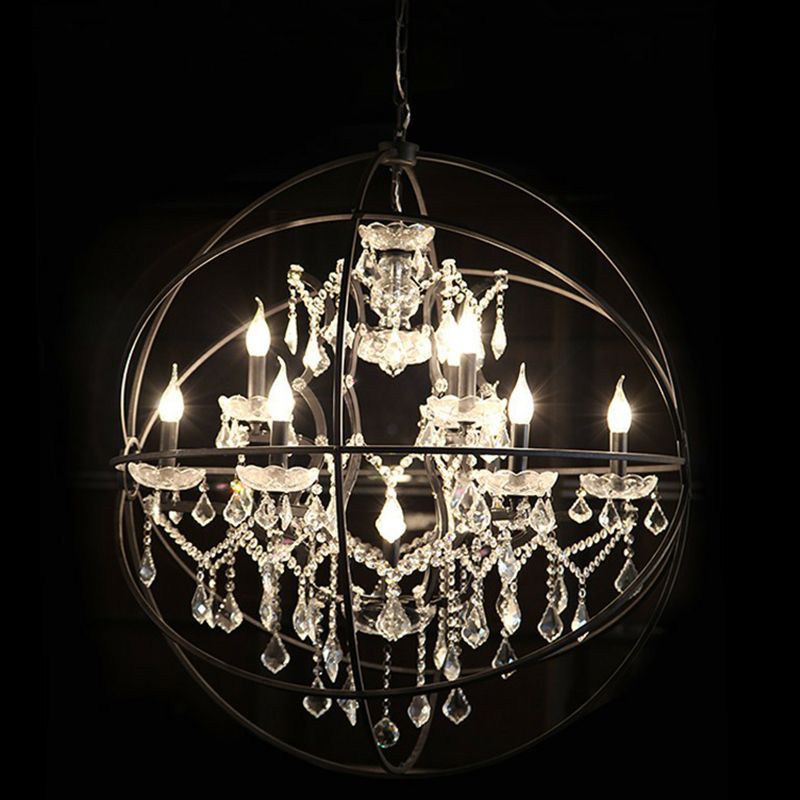 Schwarzer kugelförmiger Kronleuchterlampe rustikales Metall Black Hanging Light mit Kristalldekorationen