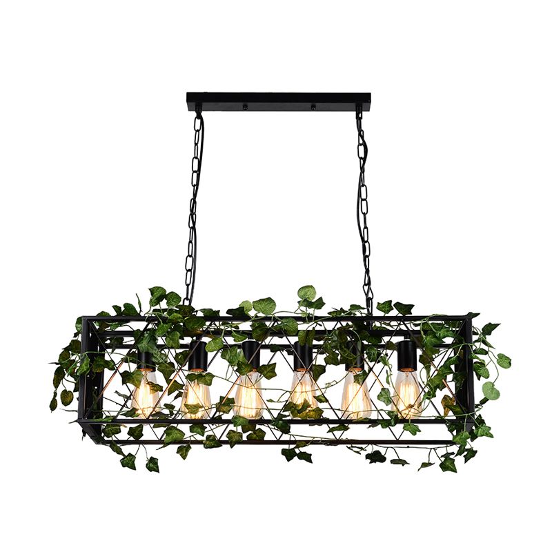 6 Heads Metal Island Pendant Antique Black Rectangular Restaurant LED Down Lighting with Plant Decor