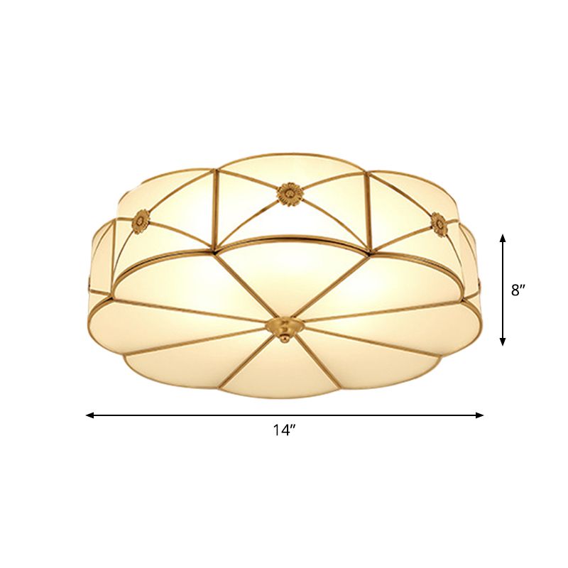 Plafonnier festonné/bol/fleur en verre dépoli, plafonnier vintage à 3 lumières pour chambre à coucher en laiton