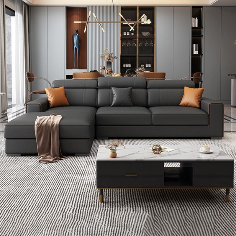 Dark Grey Faux Leather Sectional with Square Arm for Living Room