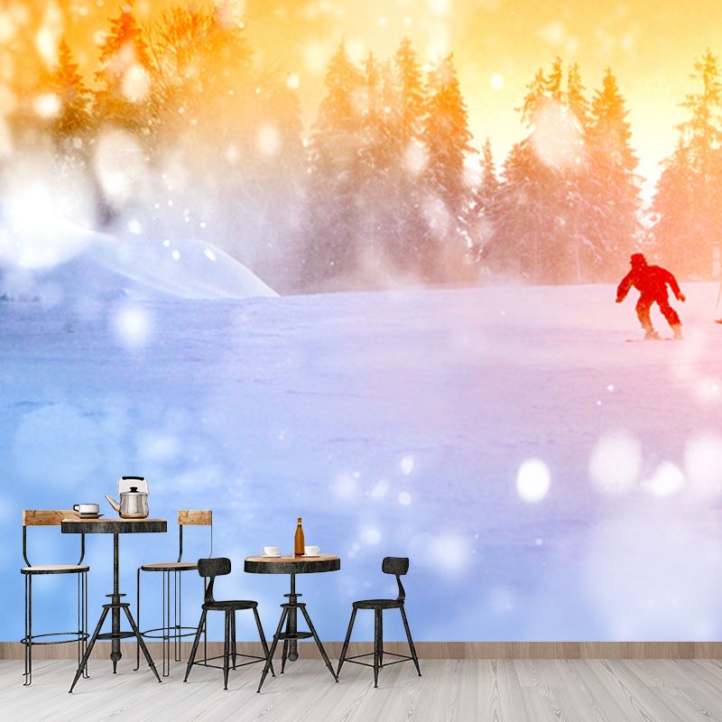 Lovely Kids Snow Skiing Mural Wallpaper for Bedroom, Yellow-Blue, Made to Measure