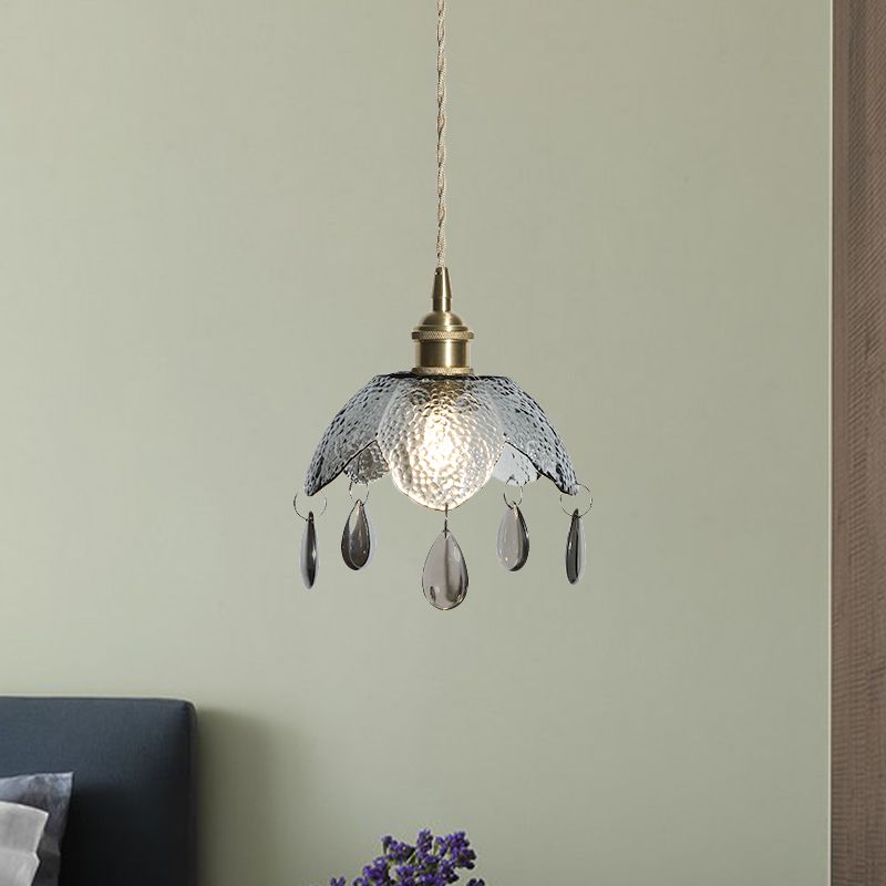 Brass Scalloped Bowl Hanging Lighting Vintage 1 Bulb Clear/Smoke Gray Water Glass Suspended Pendant Lamp