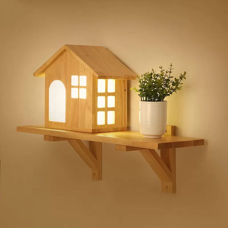 Belle petite maison murale avec étagère à lampe murale à LED en bois en beige pour le salon