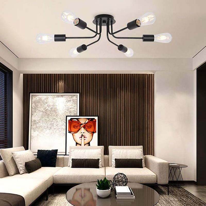 Multi Lights Satellite Shaped Ceiling Light Vintage Industrial Style Wrought Iron Ceiling Pendants Lamp in Black