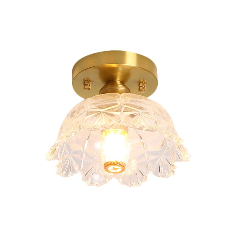 Single Bulb Ceiling Fixture Classic Cone/Lotus Leaf/Floral Clear Fluted/Lattice Glass Flush Mount Lighting in Brass, 7.5"/8"/9" Wide