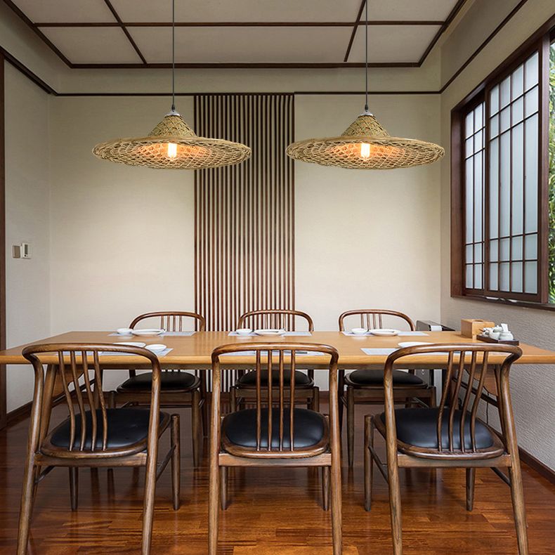 Straw Hat Suspension Lighting Asian Bamboo 1 Bulb Beige Ceiling Pendant for Restaurant