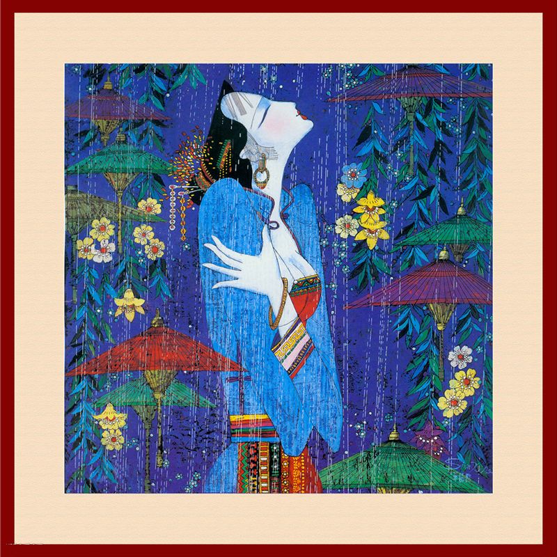 Picasso Style Asian Woman Mural Blue-Green Classical Wall Covering for Living Room