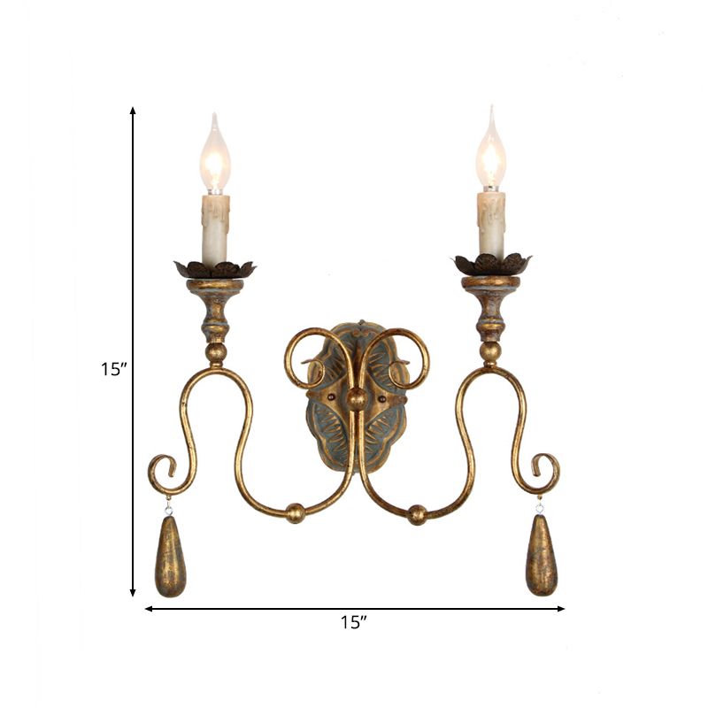 Gold 2 Lights Wall Light Fixture Countryside Metal Exposed Bulb Sconce Lamp for Bedroom
