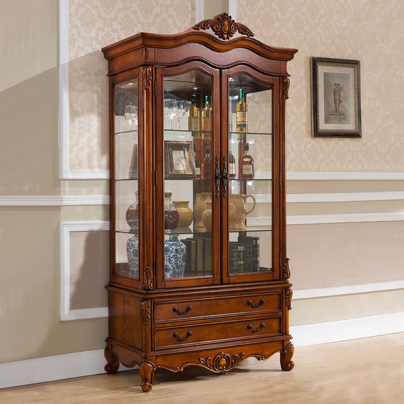 Traditional Glass Doors Curio Cabinet Rubber Wood Display Cabinet for Home