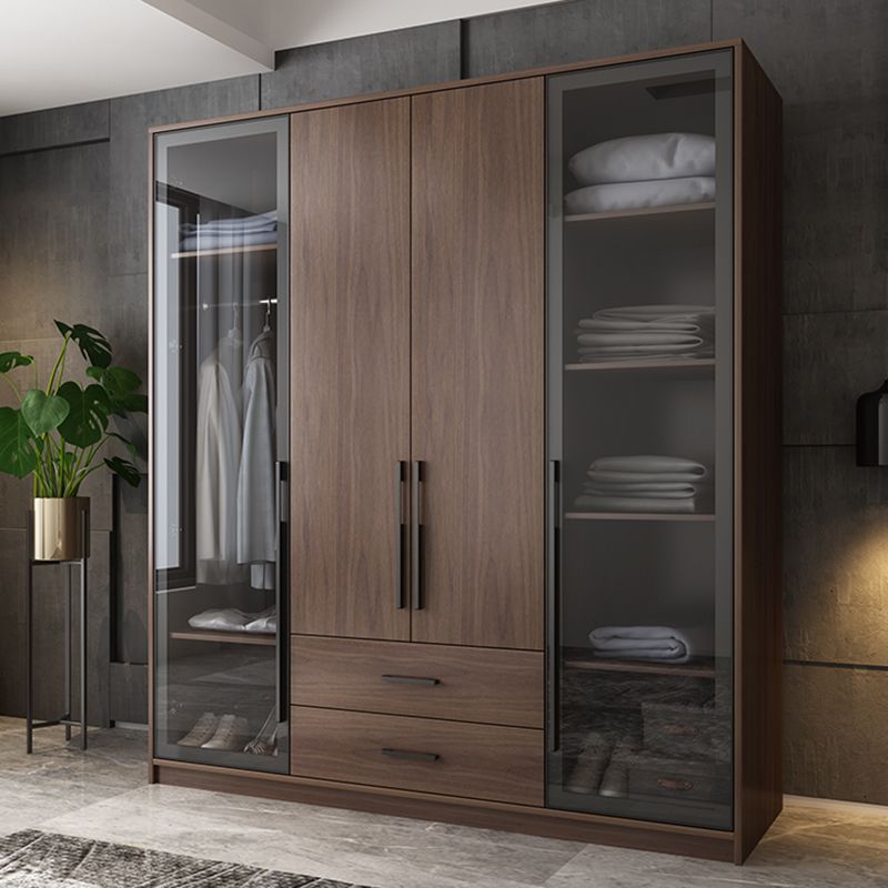 Brown Wood Wardrobe Armoire Modern Freestanding Wardrobe with Self Close Drawers