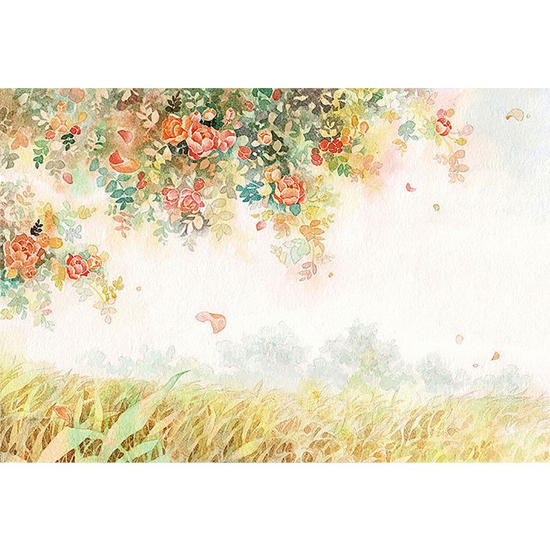 Nordic Girls Wallpaper Murals with Peony Tree and Grassland Pattern Pink-Yellow-Green Wall Art