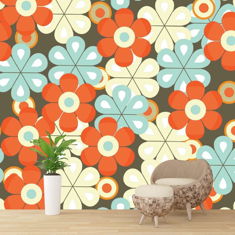 Artistic Scattered Flower Wallpaper Mural Blue-Orange-Yellow Moisture Resistant Wall Art for Home