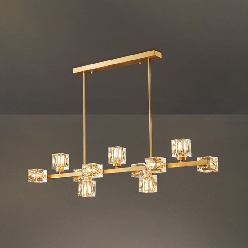 Contemporary Island Light Fixture Crystal Cube Island Lights in Gold for Kitchen