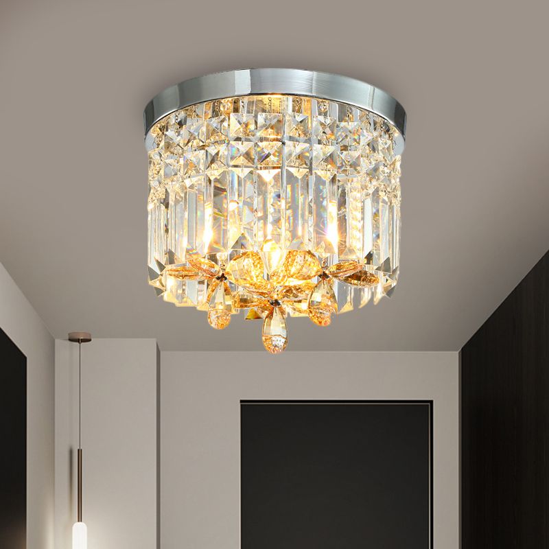 10"/15.5" Wide Chrome Cylinder Flush Light Modern Crystal Prisms LED Close to Ceiling Lighting Fixture for Doorway