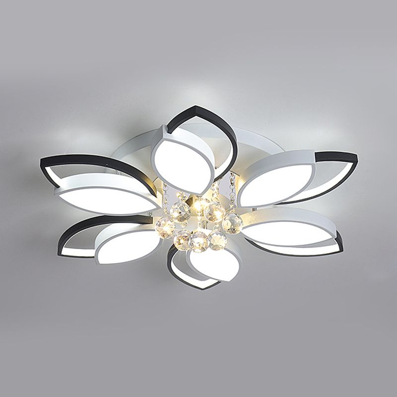 Petals Bedroom Flush Mount Light Nordic Acrylic Black-White LED Ceiling Lighting with Crystal Ball Drop, Warm/White Light