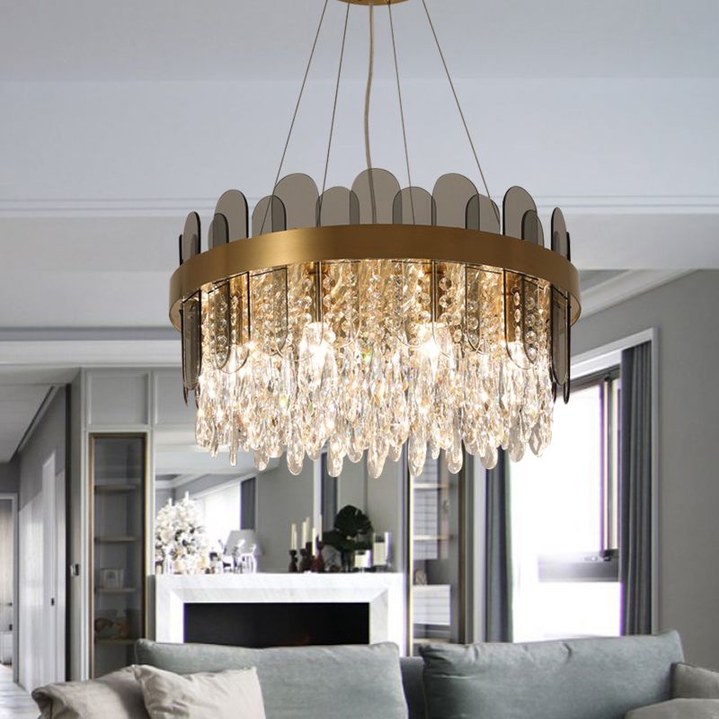 Drum Dining Sala lampadario del lampadario retrò Crystal 8/12 Lights Gold Finitura in pendente con pannello ovale Deco