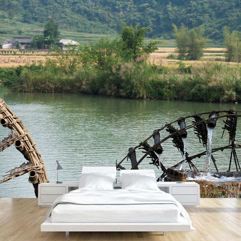Country Water Mill Mural Mildew Resistant Wall Covering for Home Decor