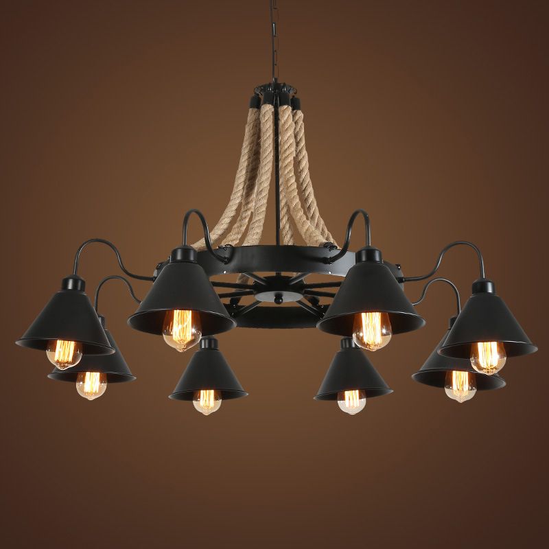 Conical Chandelier Light Industrial Black Iron Suspension Lighting with Wheel and Hemp Decoration