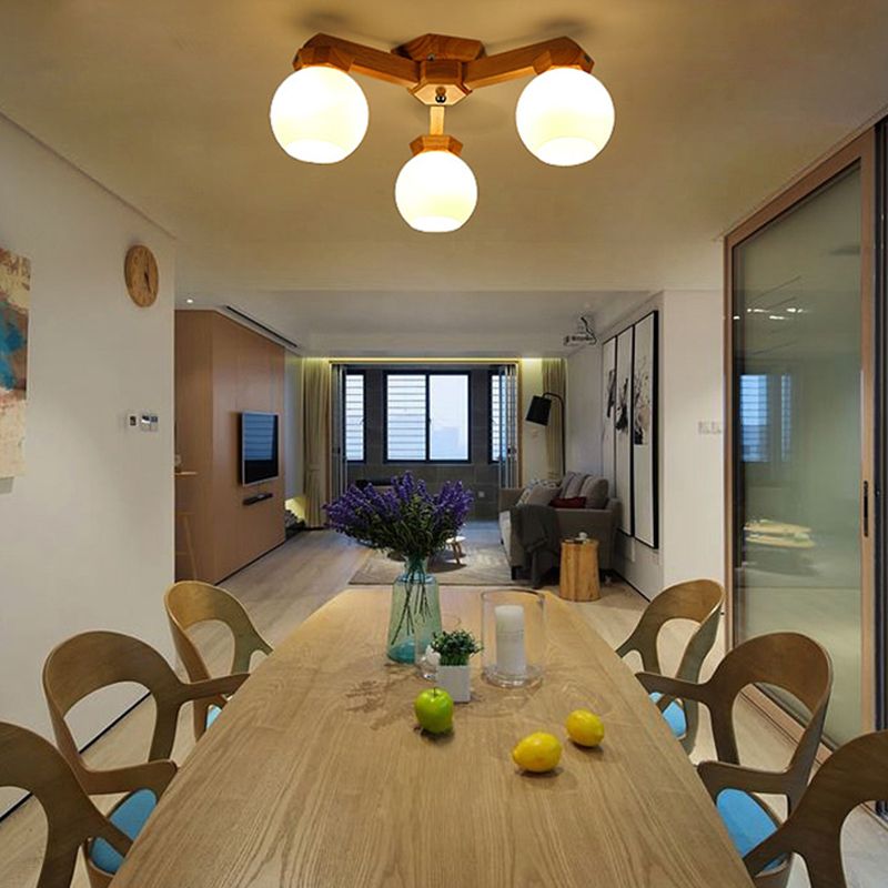 3/5/7 luces ramifican iluminación semi de montura contemporánea vidrio de vidrio semi luz de montaje en beige con accesorio de madera brazo