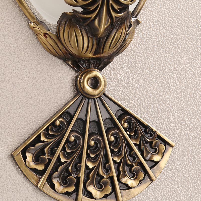 Brass Flower Sconce Light Traditional 1 Head Milky Glass Wall Lighting Fixture for Hallway