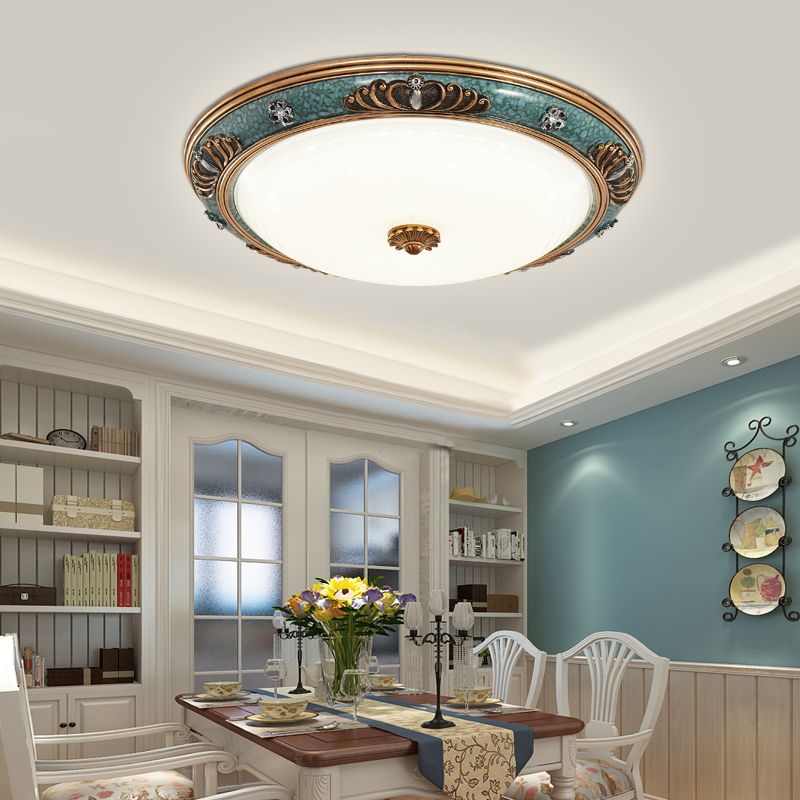 16"/19.5"/13.5" Wide LED Milky Glass Flush Light Fixture Traditional Green Crown Living Room Ceiling Lighting in Warm/White Light