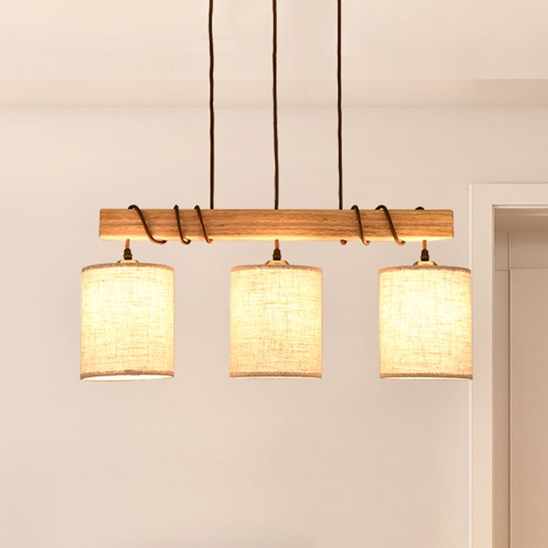 Modern Cylinder Island Lighting Fabric 3 Heads Dining Room Hanging Ceiling Light in Wood