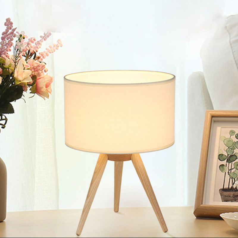 Drum Shade Tripod Night Lamp Novelty Minimalist Fabric Single Bedroom Table Light in Wood