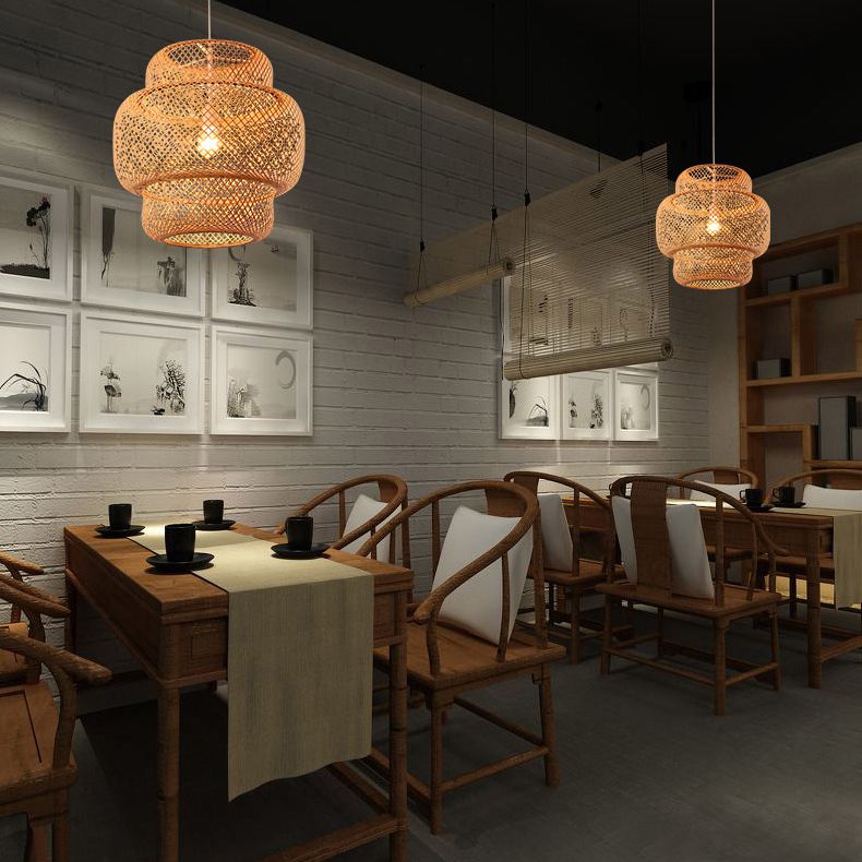 Natural Bamboo Weaving Lantern Hanging Light Asian Style Simplicity 1-Bulb Lighting Fixture in Beige