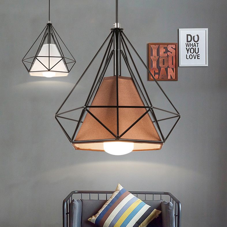 1-Light Diamond Cage Pendant Ceiling Lights Industrial Hanging Light Fixtures with Fabric Shade