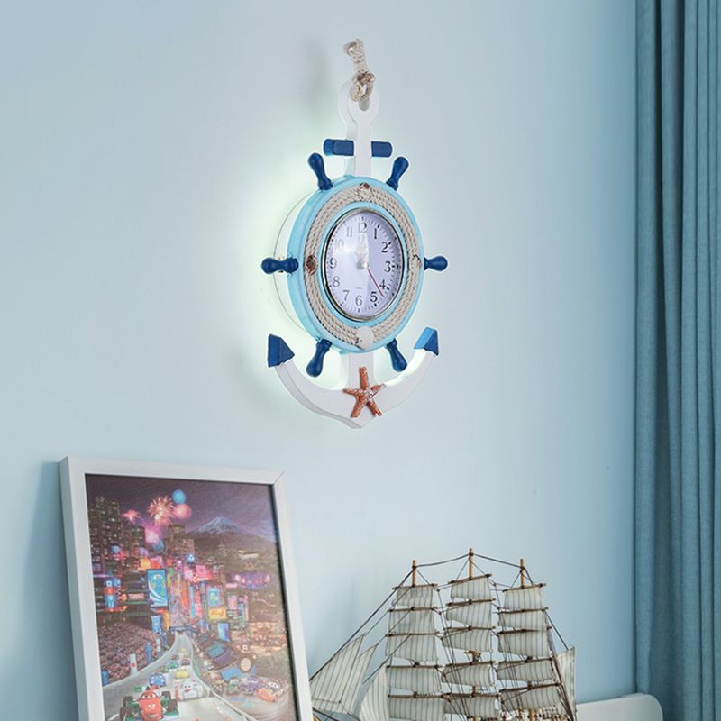 Child Bedroom Anchor Rudder Wall Light with Clock Wood Nautical Stylish Blue Wall Lamp
