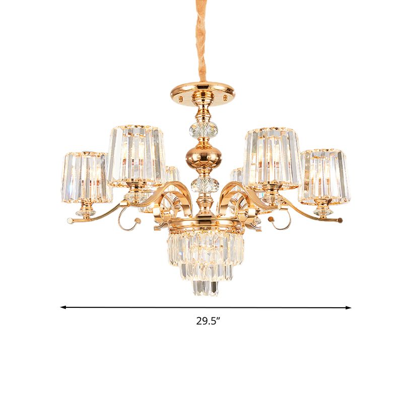 Contemporary 6/8 Bulbs Hanging Chandelier Gold Tapered Ceiling Pendant Light with Crystal Shade