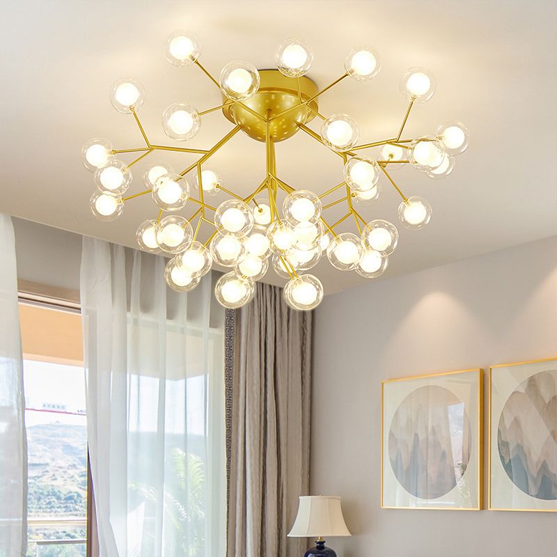Branch LED Semi Flush Mount Simplistic Metallic Living Room Close To Ceiling Chandelier in Gold