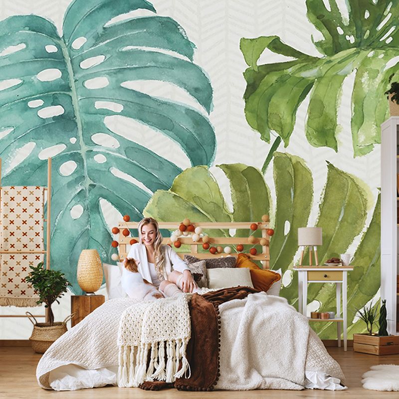 Whole Tropical Leaf Mural Wallpaper for Guest Room Green Plant Wall Covering in Green for Decor