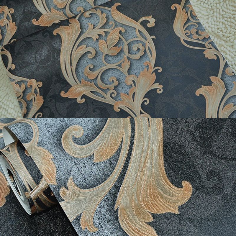 Vintage Swirl Flower String Tapete für Schlafzimmer 54,2 m² große Wanddekoration in Gold auf Schwarz