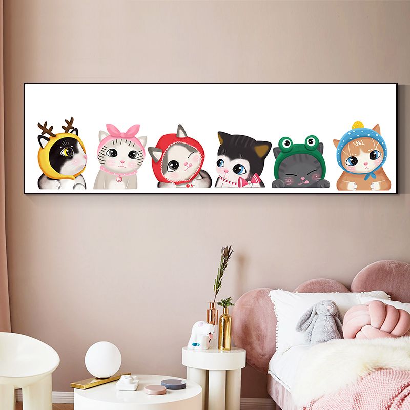 Light Color Kids Style Painting Various Cat Print Wrapped Canvas for Girls Bedroom