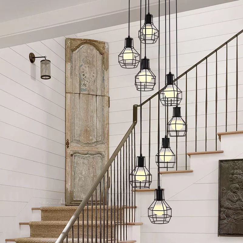 8-Light Pendant Lighting Industrial Cage Metal Suspension Light in Black for Staircase