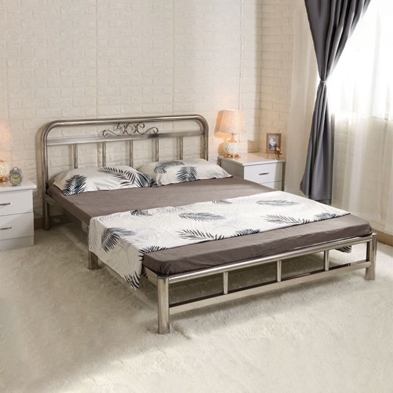 Silver Modern Steel Bed Rectangular Minimalist Bed with Metal Legs